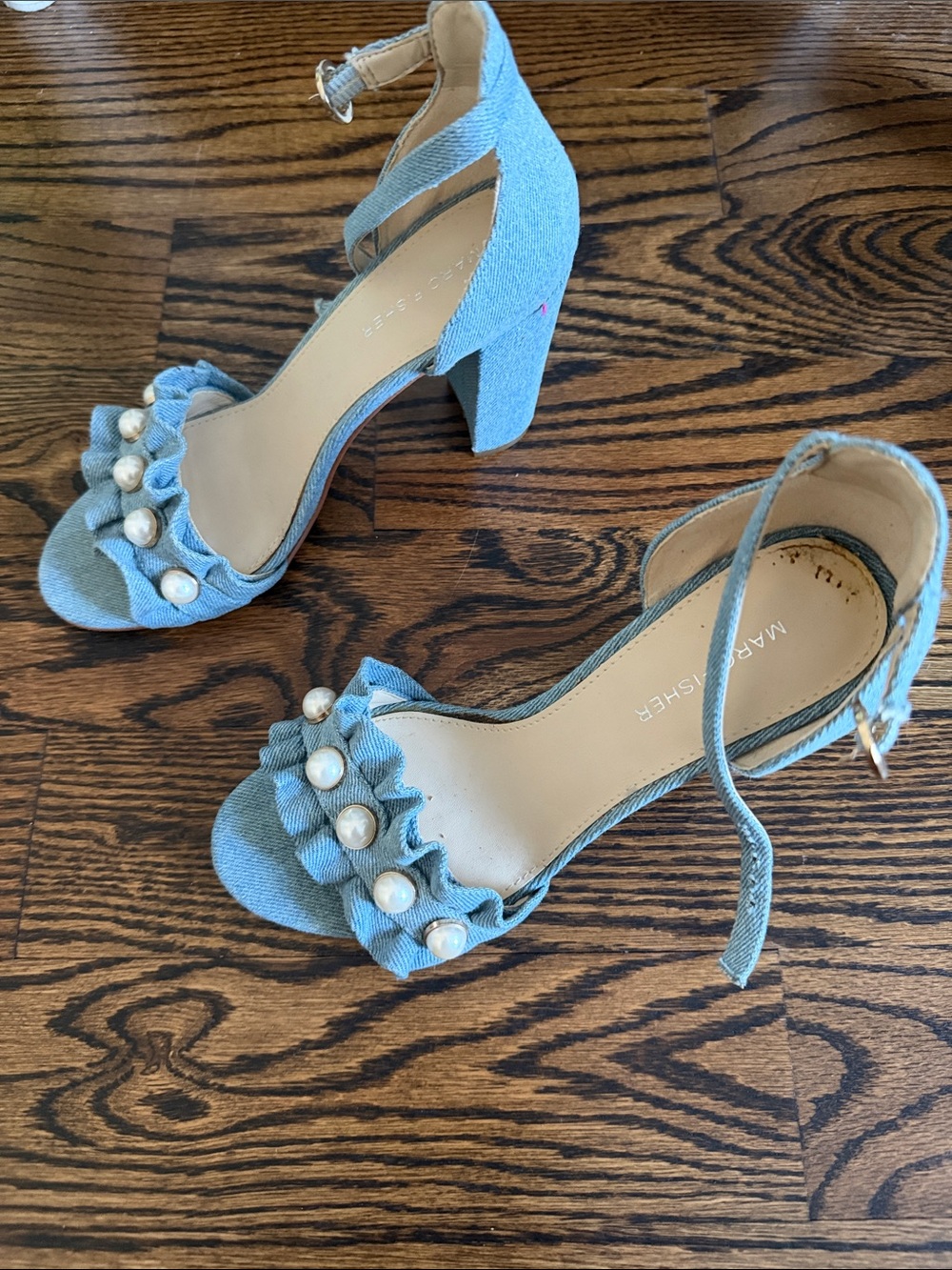 Marc Fisher Light Denim Ruffle Pearl Ankle-Strap Block Heels - Picture 2 of 6